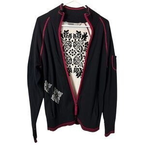 Athleta Embroidered Zip-Up Sweater Jacket XL Black Red Trim Boho Apres Ski